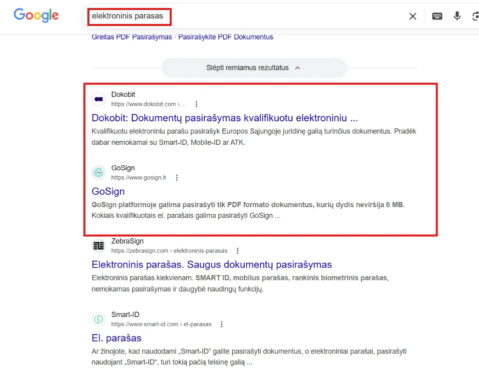 Google search results for "elektroninis parasas" showing Dokobit ranking #1 and GoSign #2