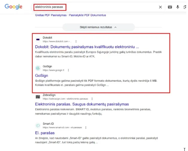 Google search results for "elektroninis parasas" showing Dokobit ranking #1 and GoSign #2